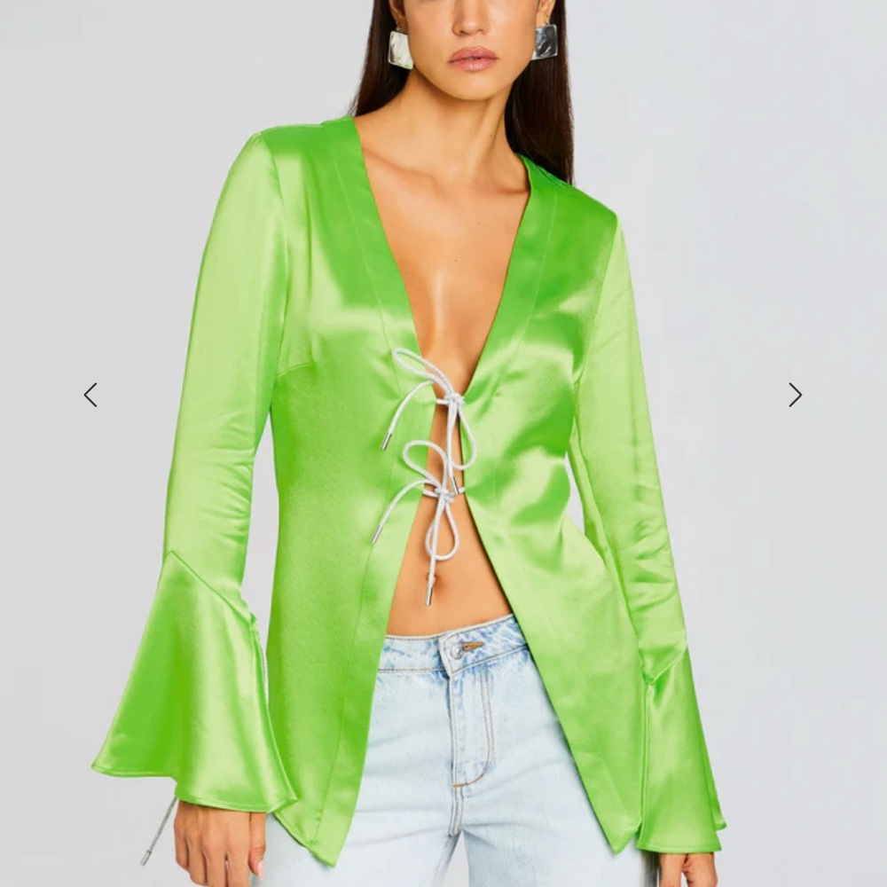 Svea Blouse in Fresh Lime RETROFETE Vibrant Green Satin Tie-Front Top